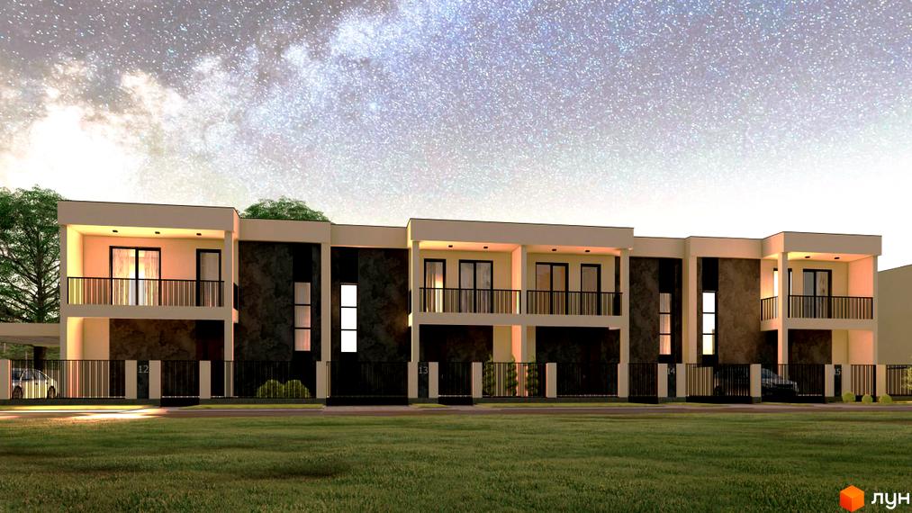 Котеджне містечко КМ Green Estate: сучасні двоповерхові будинки з балконами та парканом на тлі зоряного неба. Зелена галявина перед будинками.