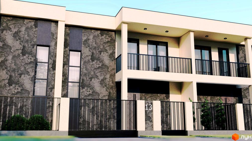 Котеджне містечко КМ Green Estate. Фасад будинку з декоративною штукатуркою та великими вікнами. Огороджена територія з парканом та зеленими насадженнями.