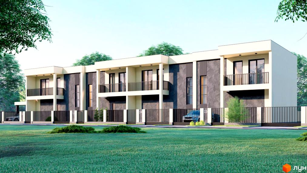Зовнішній вигляд котеджного містечка КМ Green Estate з парканом та зеленим газоном. Сучасна архітектура будинків з балконами та вікнами.