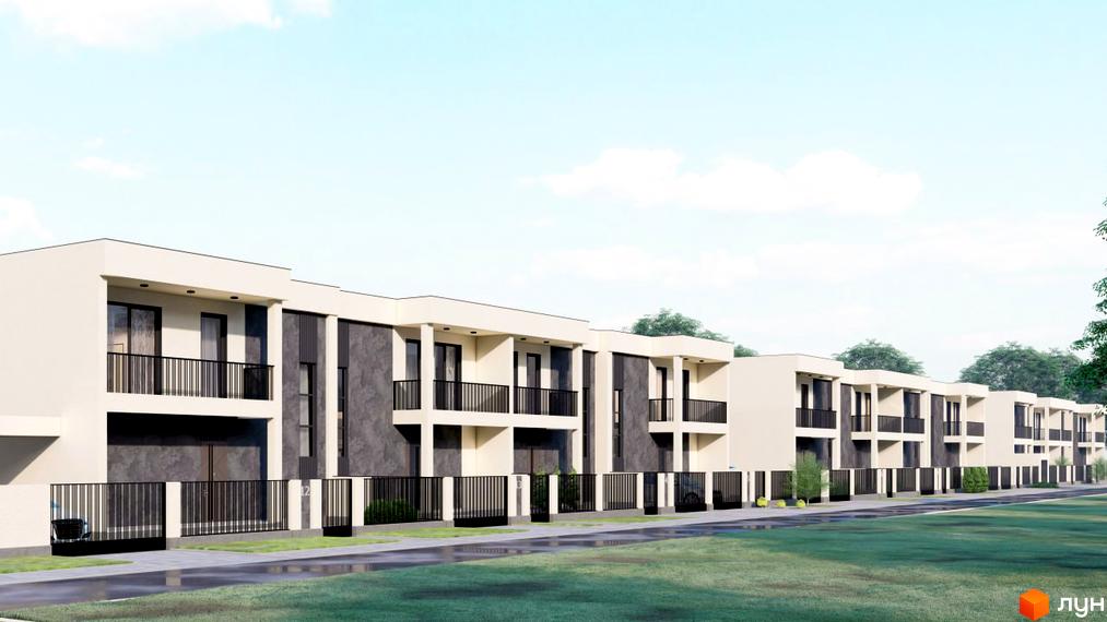 Котеджне містечко КМ Green Estate: сучасні двоповерхові будинки з балконами та парканом, зелена прибудинкова територія.
