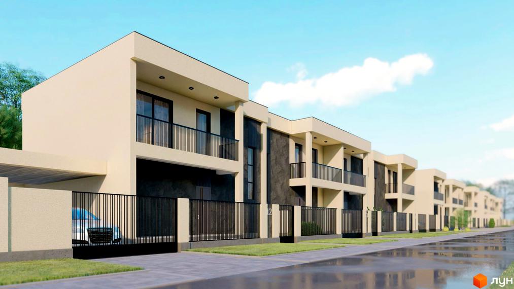 Котеджне містечко КМ Green Estate: фасади будинків з балконами та парканами, прибудинкова територія з дорогою та газоном.
