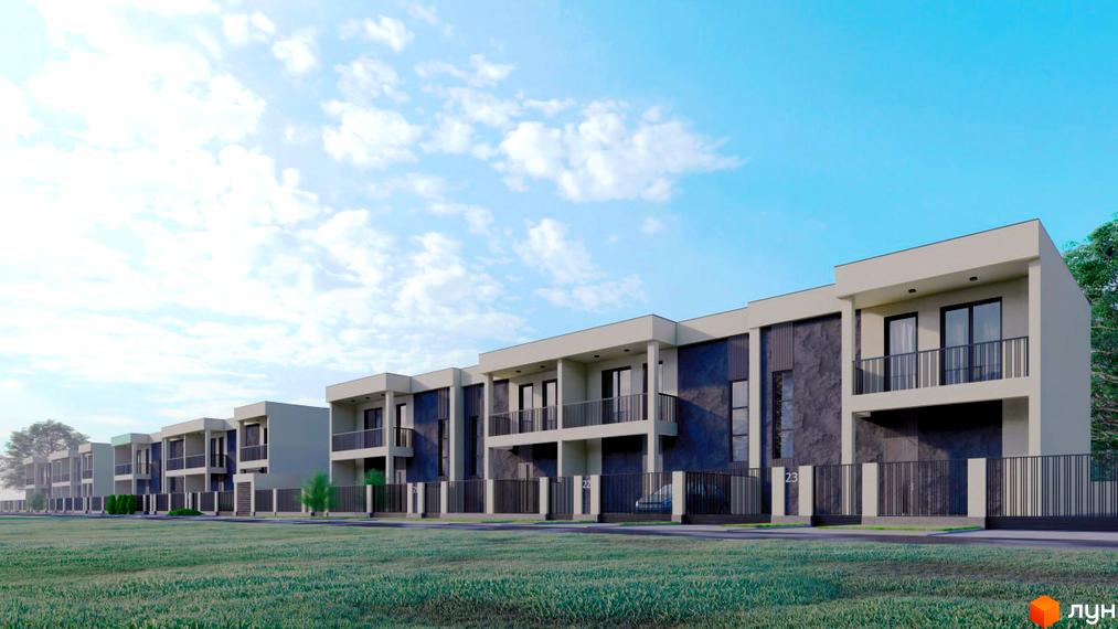 Котеджне містечко КМ Green Estate: ряд двоповерхових будинків з балконами та парканом, зелена галявина перед ними.