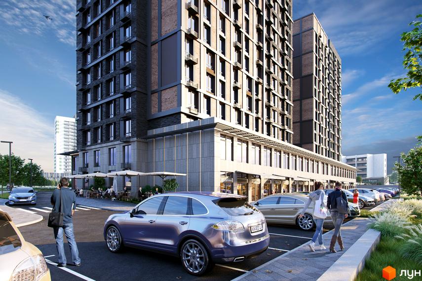 Зовнішній вигляд новобудови ЖК SENAT з автомобілями на парковці та людьми, що відпочивають на терасі біля будівлі.