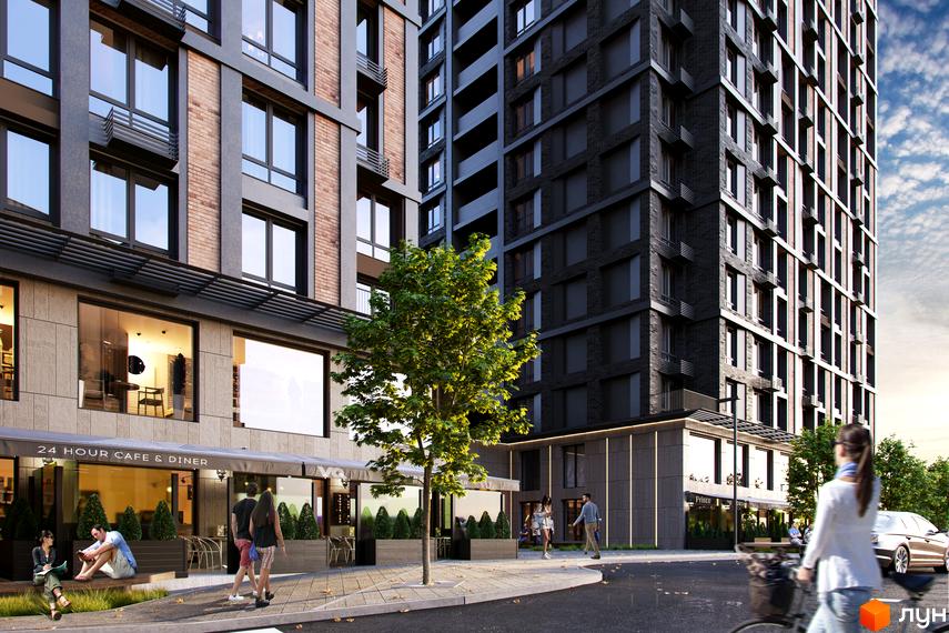 Житловий комплекс SENAT з цегляним фасадом та великими вікнами. На прибудинковій території розташовані дерева та зона відпочинку біля кафе.