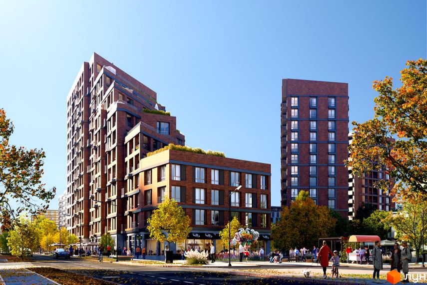 Житловий комплекс SENAT – це цегляні будинки з терасами та зеленню на дахах, розташовані вздовж вулиці з деревами та зонами відпочинку.