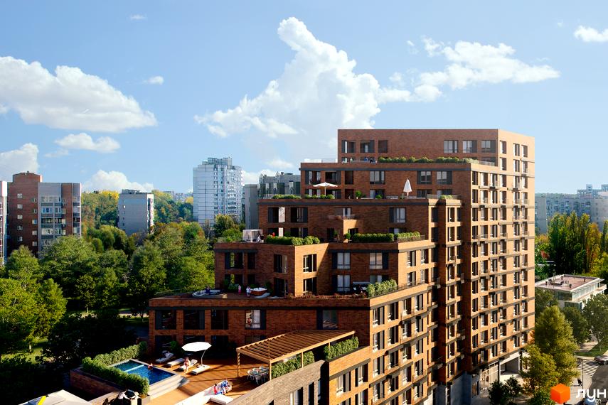 Житловий комплекс SENAT – це цегляна новобудова з терасами та басейном на даху, що розташована серед дерев.