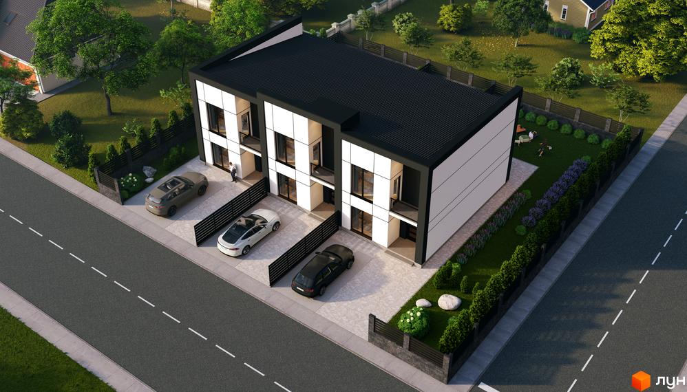 Таунхауси Hygge з чорним дахом та біло-чорним фасадом. Перед будинками є паркувальні місця, а позаду — зелений двір з ландшафтним дизайном.