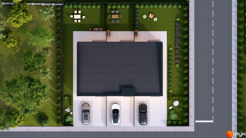 Вигляд зверху на таунхауси Hygge з темним дахом та припаркованими автомобілями. Навколо будинку зелена прибудинкова територія.