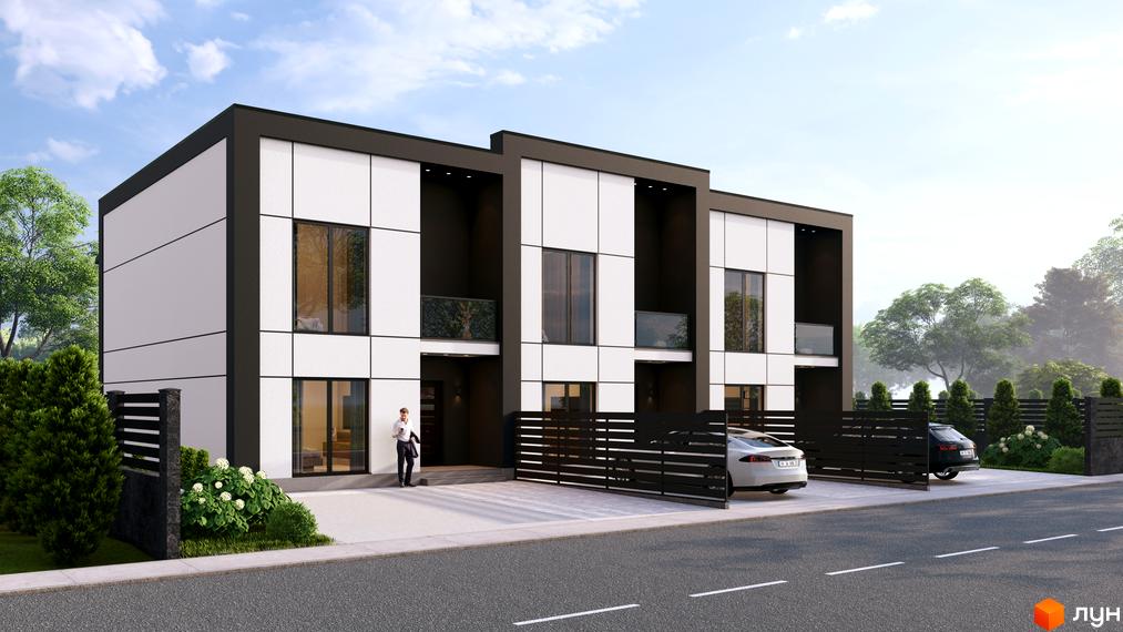 Ряд двопоповерхових таунхаусів Hygge з біло-чорним фасадом та великими вікнами. Перед будинками розташовані паркувальні місця, огорожі та зелені насадження.