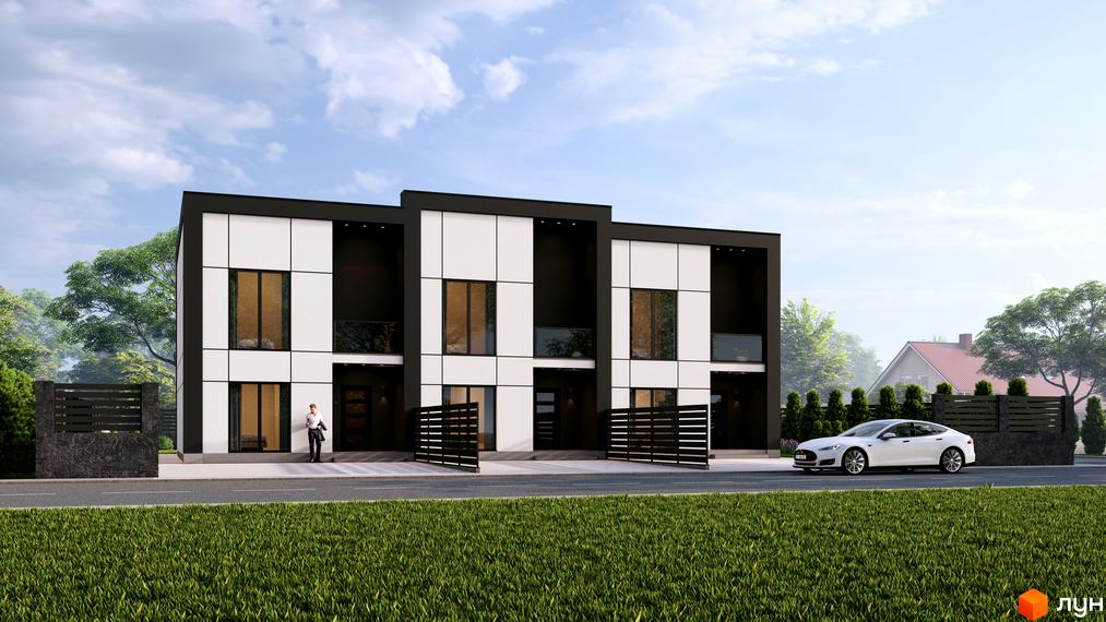 Двоповерхові таунхауси Hygge з чорно-білим оздобленням фасаду, великими вікнами та балконами. Перед будинками дорога, зелений газон та огородження.