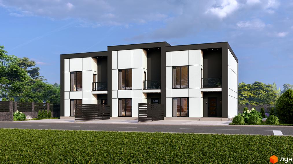 Триповерхові таунхауси Hygge з білими та темно-сірими фасадами, великими вікнами та балконами. Перед будинками дорога, зелений газон та огороджена територія з деревами.