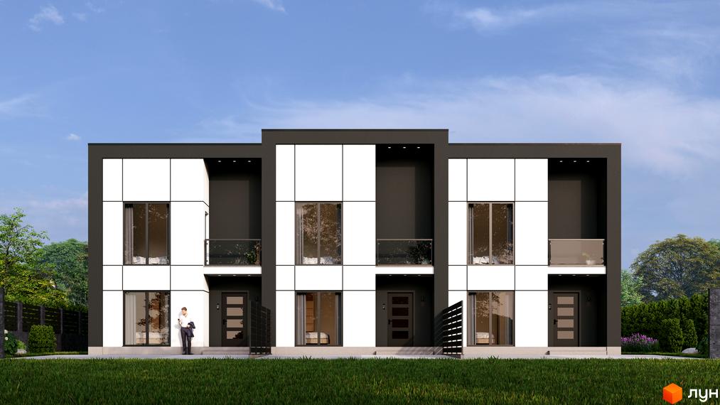 Зображення таунхаусів Hygge з великими вікнами та балконами. Перед будинком зелений газон.