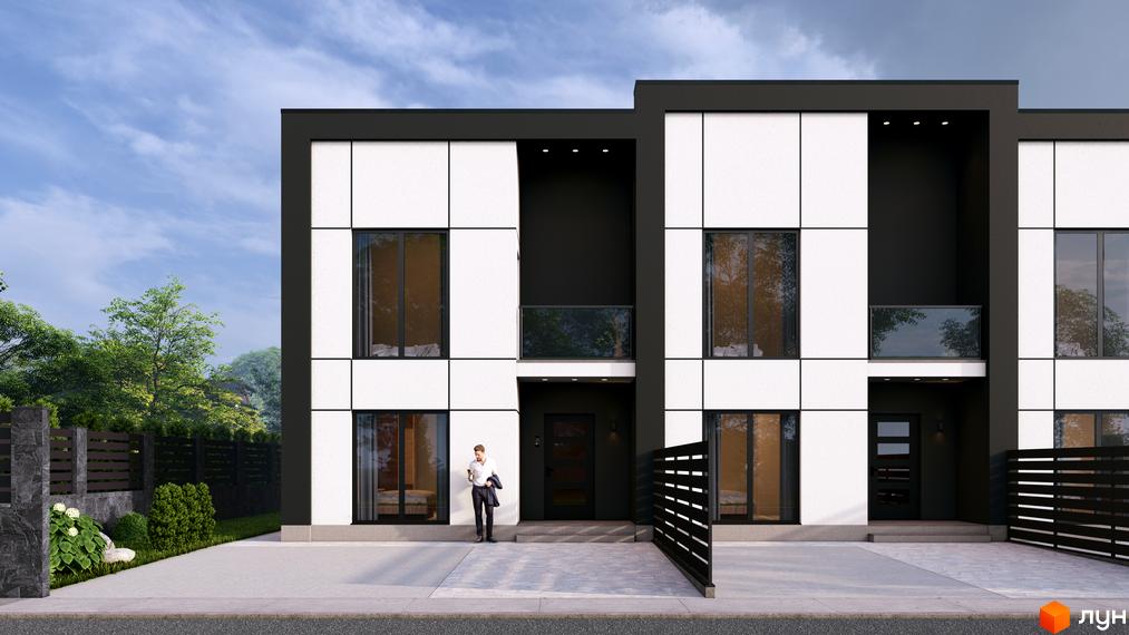 Зображення таунхаусів Hygge з великими вікнами та чорним оздобленням. На передньому плані доглянута територія з тротуаром.