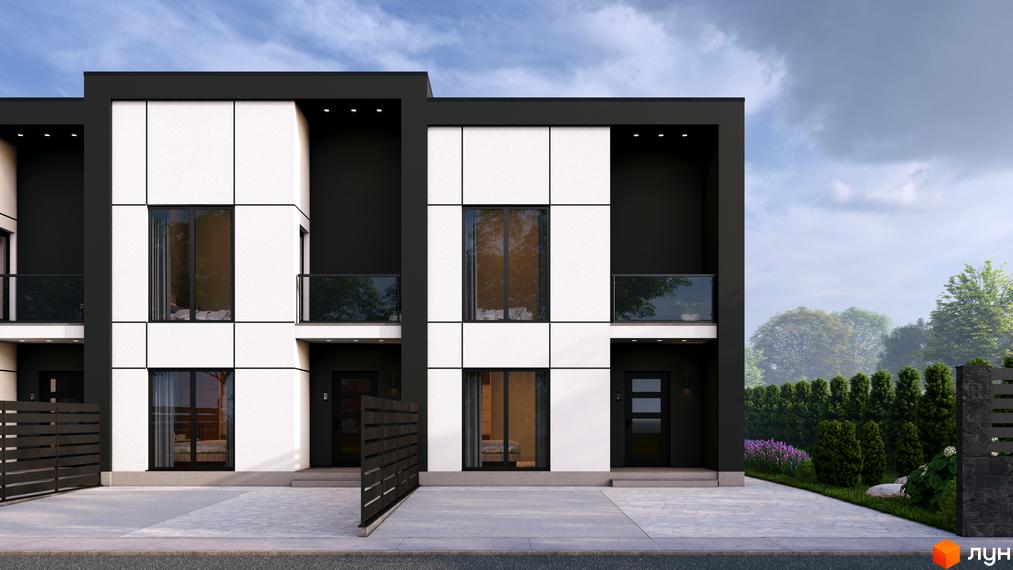 Зображення таунхаусів Hygge. Двоповерхові будинки з білими стінами та чорними рамами, перед будинками доглянутий двір.