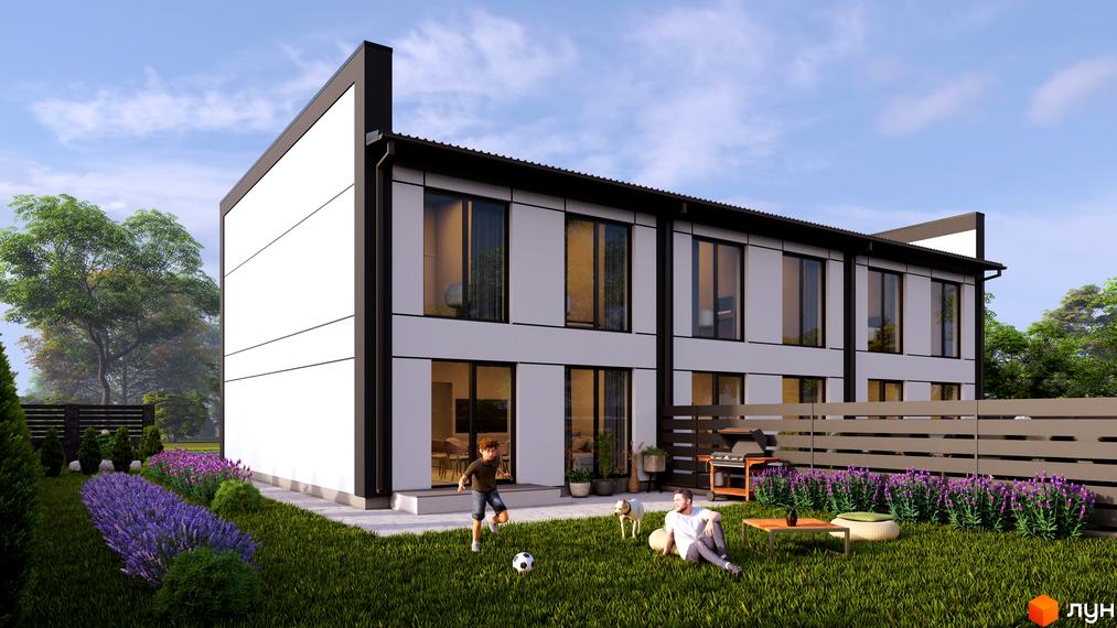 Зображення таунхаусів Hygge з великими вікнами та білим фасадом. На газоні грається хлопчик, а чоловік відпочиває з собакою.