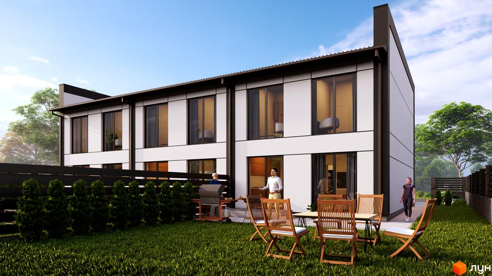 Фасад Таунхаусів Hygge з білими стінами та темними віконними рамами. Перед будинками зелений газон, вуличні меблі та зона для барбекю.