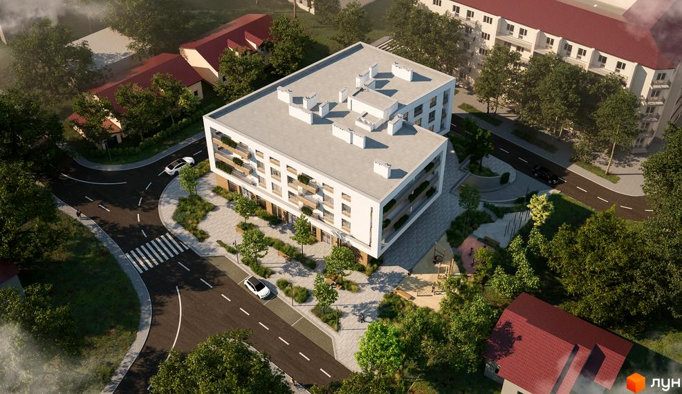 Зображення сторінки ЖК Лисика Hall. Багатоповерховий будинок з білими фасадами та балконами, навколо будинку зелені насадження та дорога.