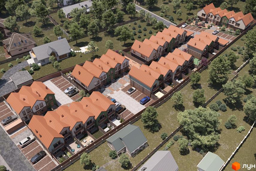 Котеджне містечко КМ New Smart 16 з цегляними фасадами та зеленими дахами, оточене деревами та паркінгом.