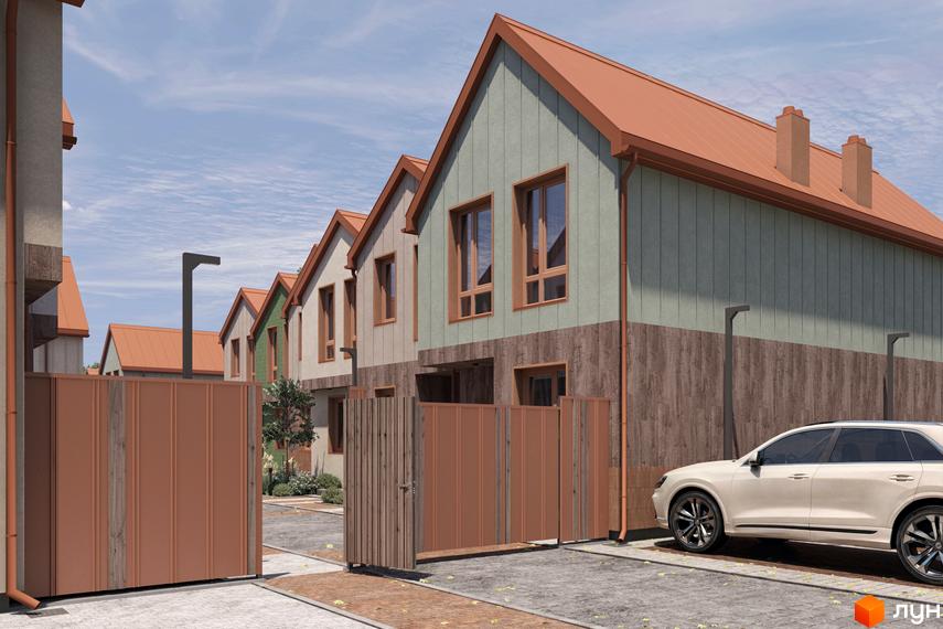 Котеджне містечко КМ New Smart 16. Зовнішній вигляд будинків з цегляним фасадом та цегляними дахами, прибудинкова територія з паркуванням та воротами.