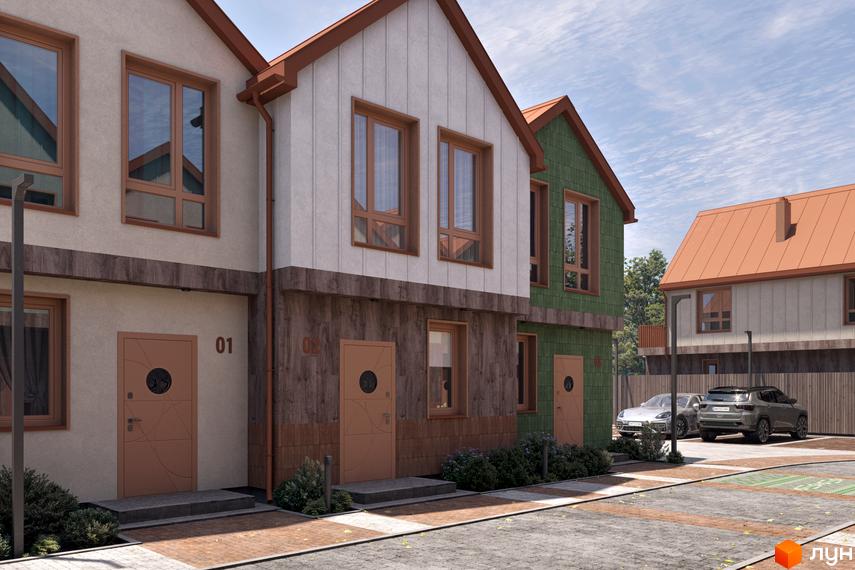 Зовнішній вигляд будинків у Котеджному містечку New Smart 16. На передньому плані видно прибудинкову територію з автомобілями.