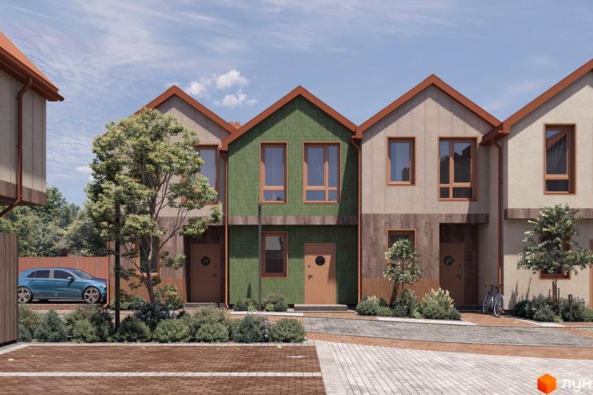 Зовнішній вигляд будинків у Котеджному містечку New Smart 16 з зеленим фасадом та коричневими вікнами, перед будинками зелені насадження.