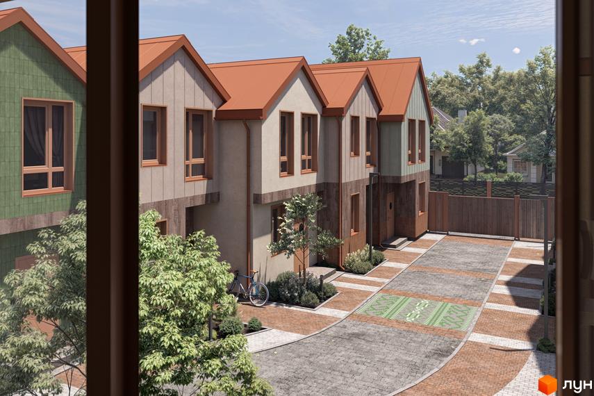 Котеджне містечко КМ New Smart 16 з цегляним фасадом та червоним дахом, з доглянутою прибудинковою територією та парканом.