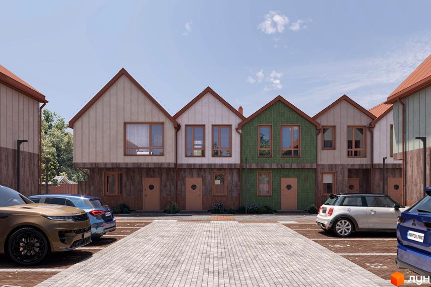 Вигляд на будинки Котеджного містечка New Smart 16 з парковкою. На передньому плані автомобілі та тротуарна плитка.