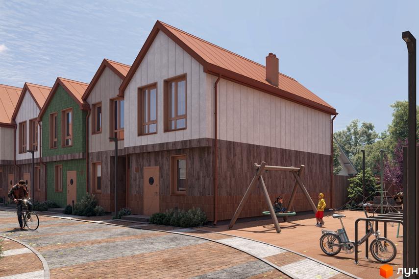Котеджне містечко КМ New Smart 16: фасади будинків з дерев'яною обшивкою та червоним дахом, дитячий майданчик з гойдалкою та велосипедами на подвір'ї.