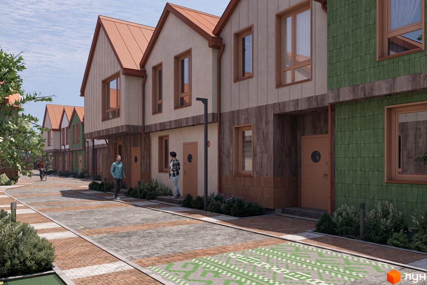 Котеджне містечко КМ New Smart 16: фасади будинків з дерев'яними та зеленими елементами, доріжка з бруківки з візерунками.