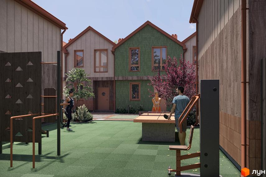 Зображення Котеджного містечка New Smart 16 з двоповерховими будинками та ігровим майданчиком для мешканців.