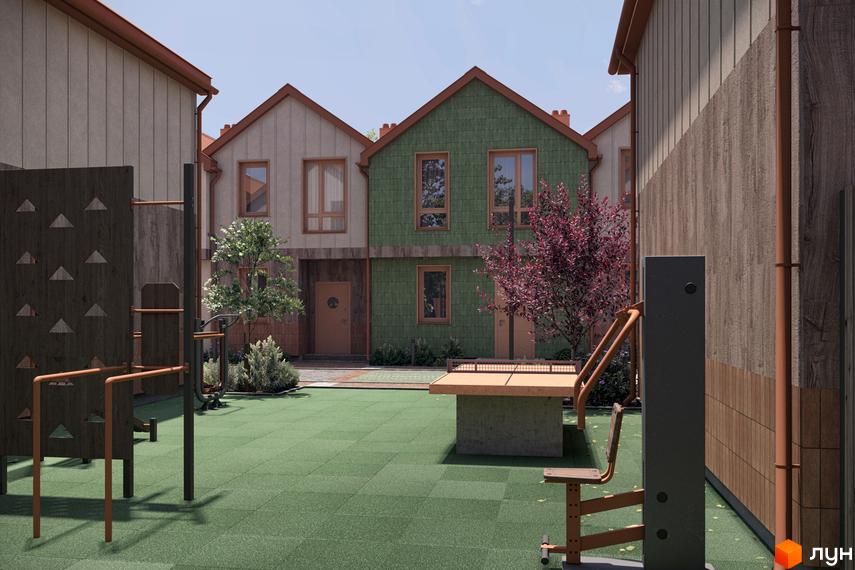 Зовнішній вигляд будинків котеджного містечка КМ New Smart 16 з зеленою зоною відпочинку та спортивним майданчиком. Сучасна архітектура та зручна прибудинкова територія.