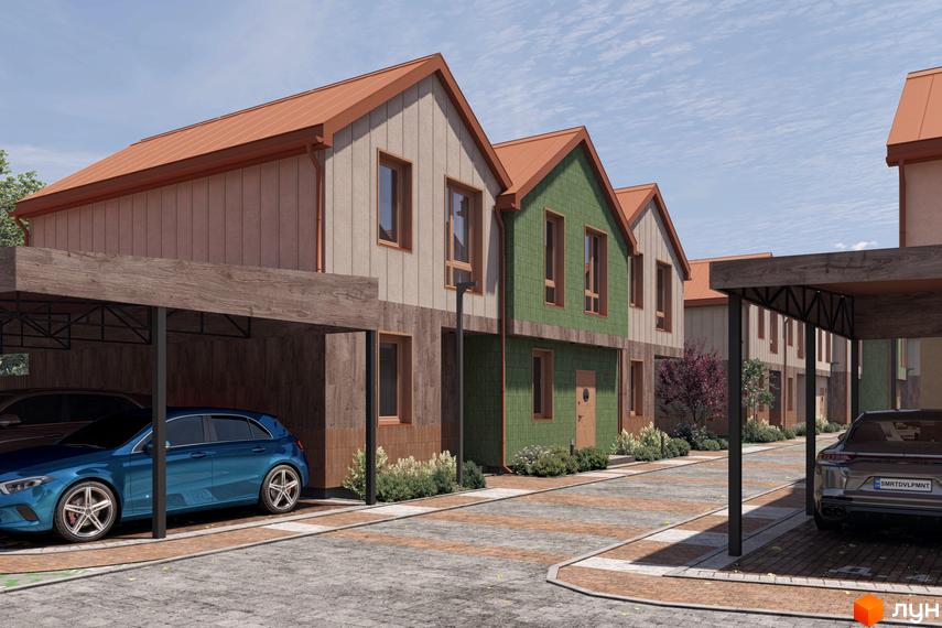 Котеджне містечко КМ New Smart 16: фасади будинків з коричневими та зеленими елементами, навіси для автомобілів, вимощені доріжки та зелені насадження.