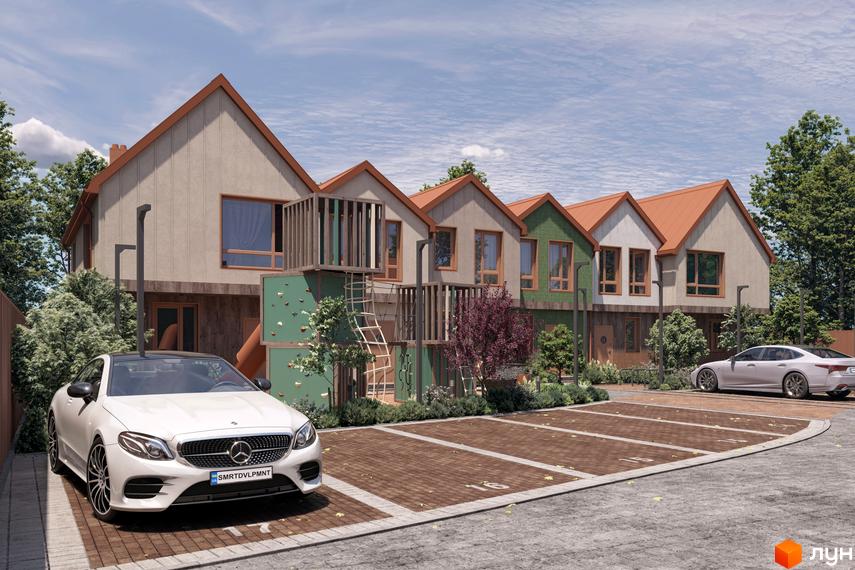 Котеджне містечко KМ New Smart 16 з сучасними фасадами та дитячим майданчиком. Прибудинкова територія з парковкою та зеленими насадженнями.