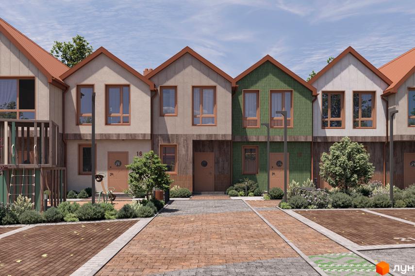 Зовнішній вигляд будинків котеджного містечка КМ New Smart 16 з цегляним фасадом та зеленим оздобленням, а також прибудинкова територія з бруківкою та дитячим майданчиком.