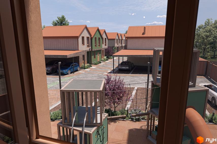 Вигляд на Котеджне містечко New Smart 16 з будинками з червоними дахами та дитячим майданчиком на території.