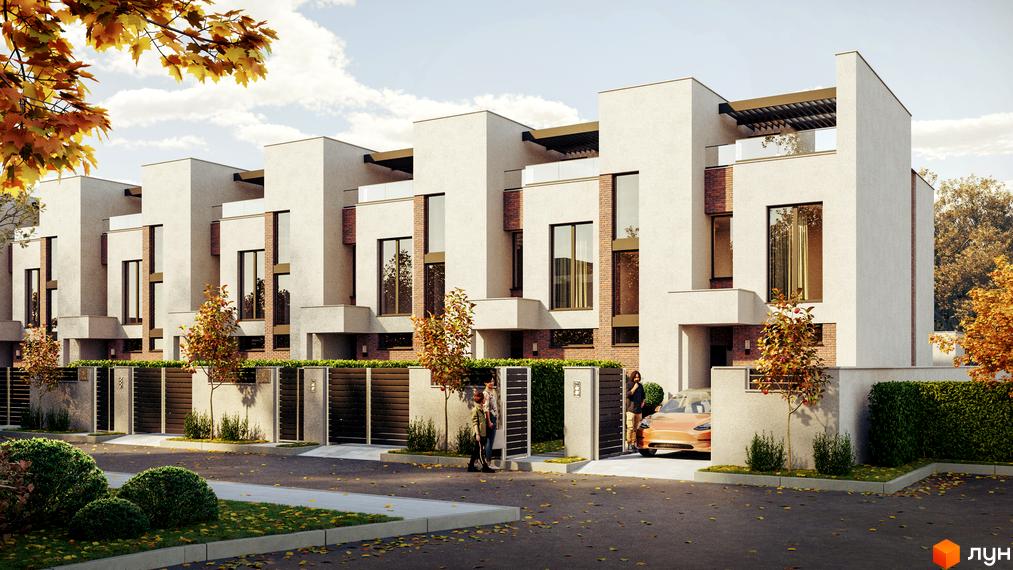 Таунхауси FAMILY PARK RESIDENCE BC з цегляними вставками та великими вікнами, перед якими розташована прибудинкова територія з деревами та парканом.