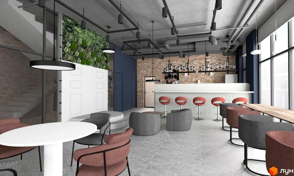 Інтер'єр кафе в клубному будинку BigBen Club House з цегляною стіною, зеленою стіною та барною стійкою.