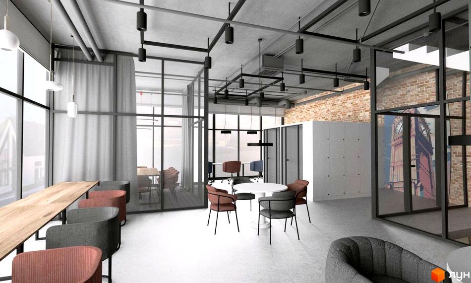 Інтер'єр клубного будинку BigBen Club House з великими вікнами та сучасними меблями. Проєкт житлового комплексу з видом на Лондон.