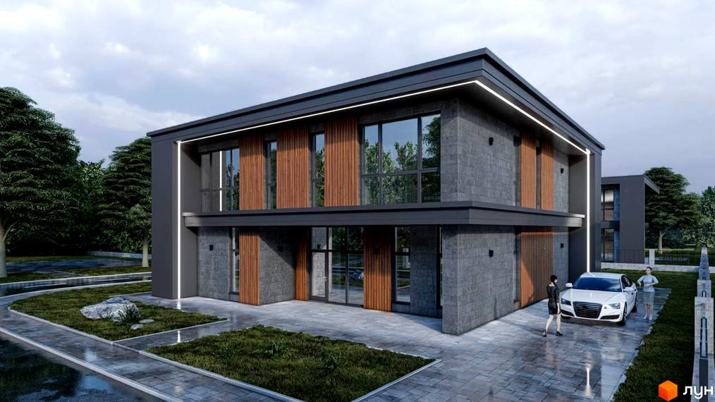 Котеджне містечко I.D.Village: двоповерховий будинок з сірим фасадом, дерев'яними вставками та великими вікнами, перед яким розташований автомобіль та два чоловіки.