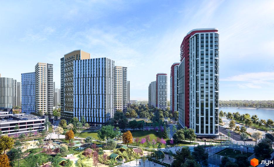 Зображення Житлового комплексу H2O з висотними будинками та облаштованою прибудинковою територією з парком. Вигляд на новобудову ззовні.