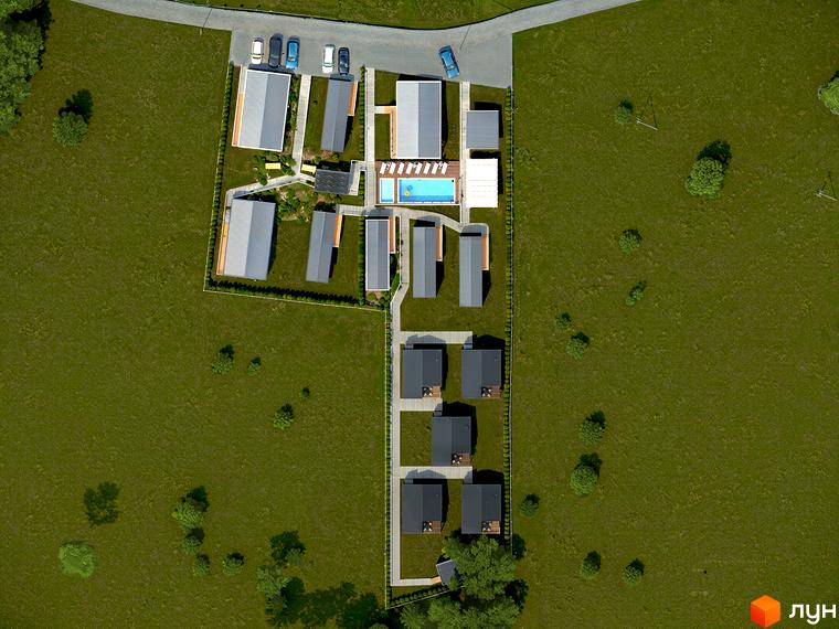 Аерофотографія Житлового комплексу VERHGORY: одноповерхові будинки з сірими дахами, басейн та вимощені доріжки серед зелених газонів.