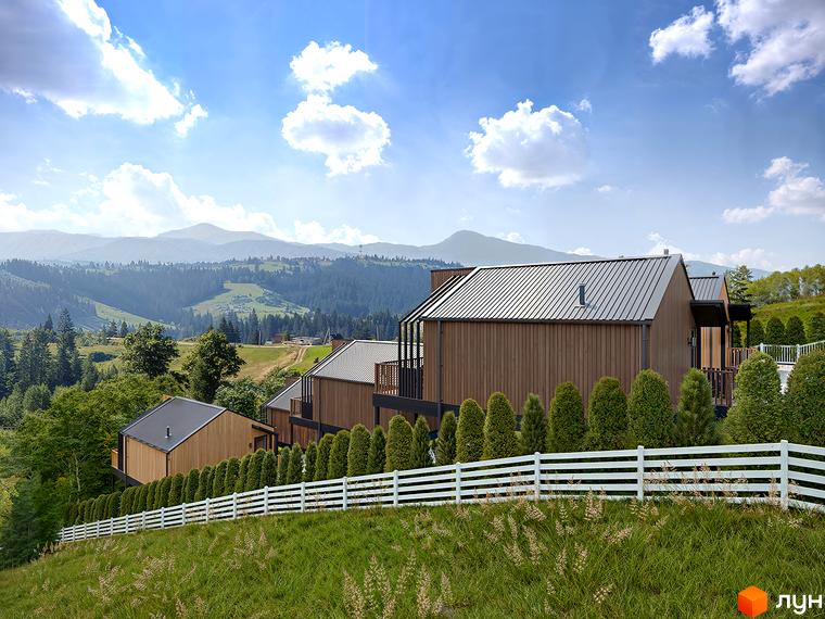 Житловий комплекс VERHGORY: будинки з дерев'яними фасадами та металевими дахами. Територія має білий паркан, зелені насадження та гірський ландшафт.