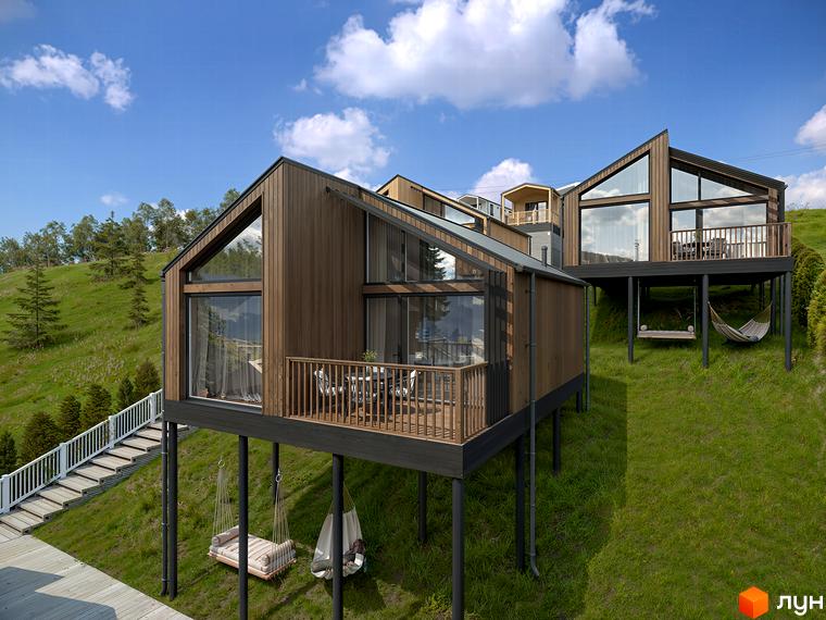 Зображення будинків на палях з великими вікнами та дерев'яним оздобленням, розташованих на зеленій галявині. Житловий комплекс VERHGORY.