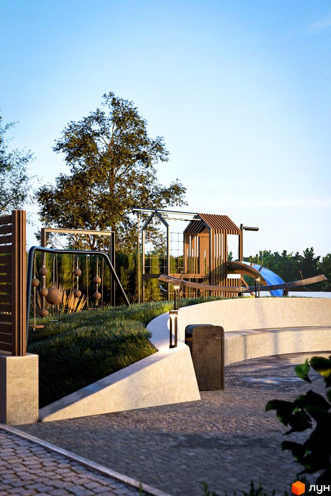 Дитячий майданчик Котеджного містечка The Lake з дерев'яними та металевими ігровими елементами. Навколо облаштована зелена зона з доріжками та освітленням.