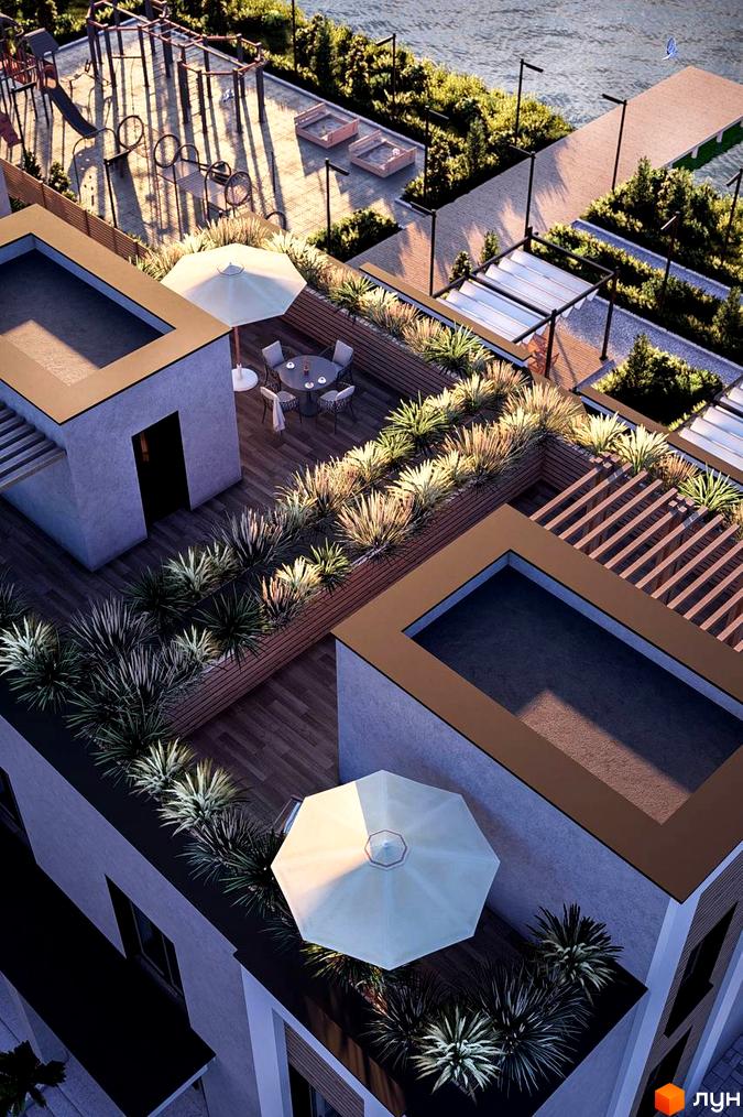 Котеджне містечко The Lake: вид на дахи будинків з терасами, басейном та рослинами. Поруч дитячий майданчик та прогулянкові зони біля води.