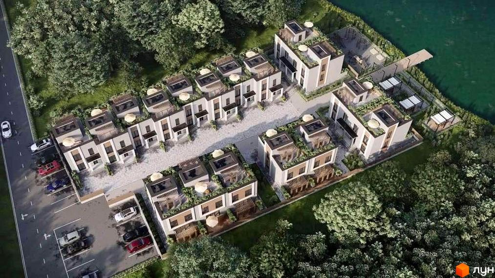 Котеджне містечко КМ The Lake. Сучасна забудова з терасами та паркінгом біля водойми.