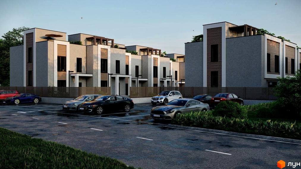 Котеджне містечко КМ The Lake: сучасні будинки з панорамними вікнами та доглянутою прибудинковою територією з парковкою.