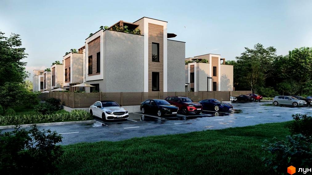 Котеджне містечко КМ The Lake: фасади будинків з дерев'яними елементами та паркінг з автомобілями.