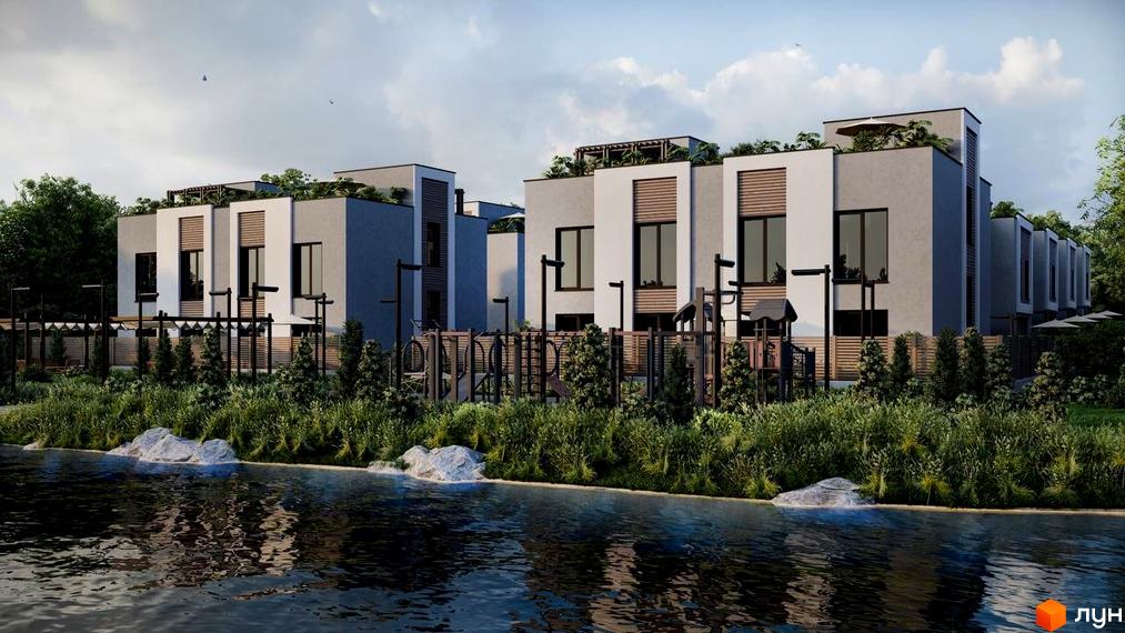 Котеджне містечко КМ The Lake з сучасними фасадами та зеленою прибудинковою територією біля водойми. На території розташований дитячий майданчик.