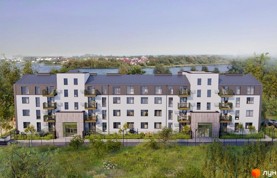 Новобудова ЖК СВОЯК з білими фасадами та темним дахом, з балконами та зеленими насадженнями навколо. На задньому плані видно річку та зелені насадження.